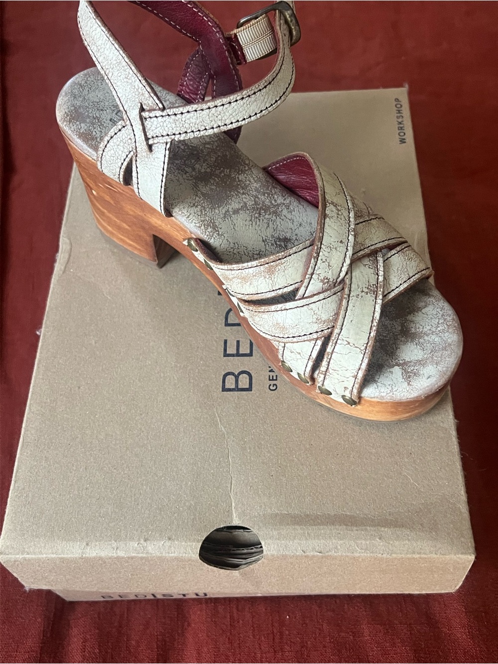 Bed Stu Cream Distressed Leather Platform Sandal with Wooden Heel